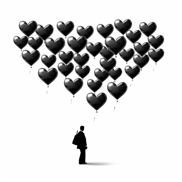 Man silhouette with heart balloons 