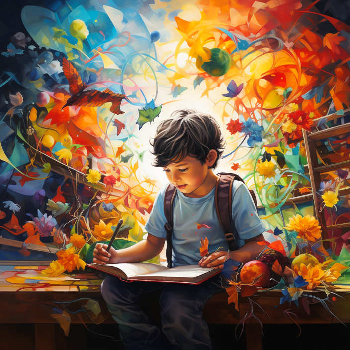 Child boy reading with colorful background