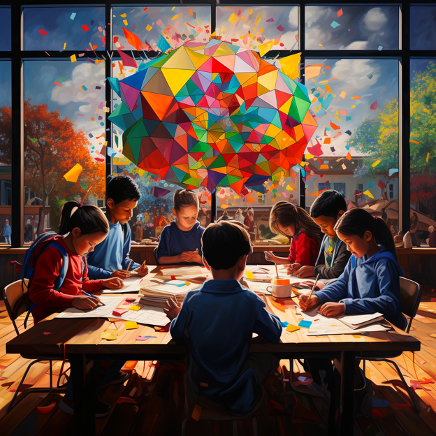 Kids writing at a table with a colorful brain above