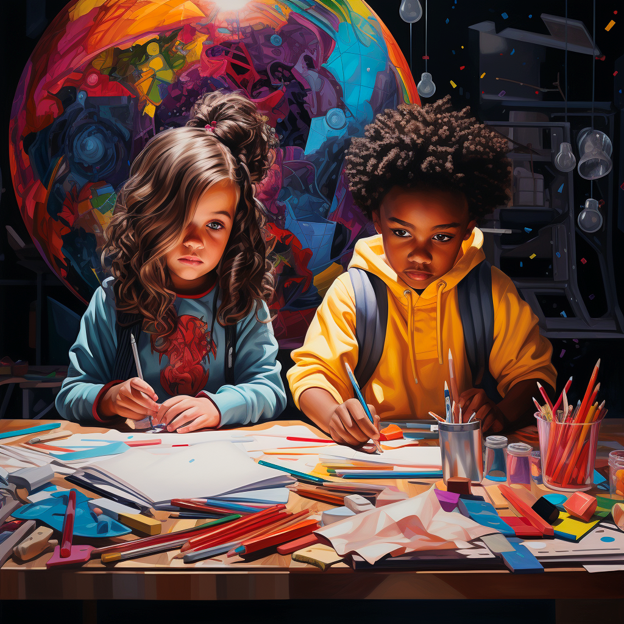 Two kids doing art at table