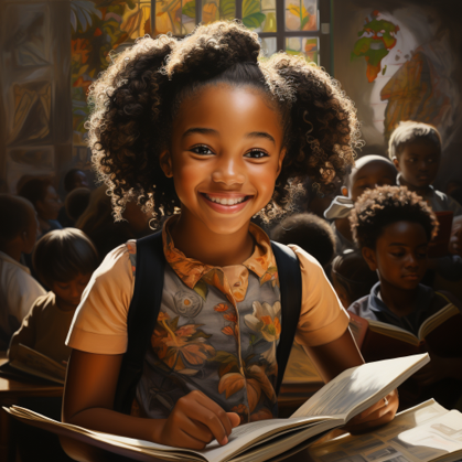 Happy black preteen girl in a classroom reading and smiling.