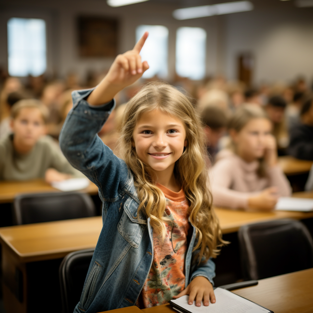 Excited girl raising her hand in a classroom
