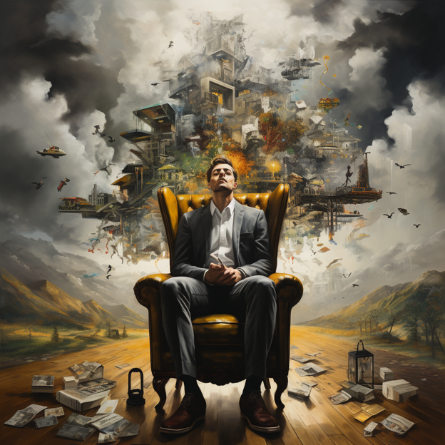 Man in chair with imaginative world behind it